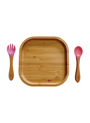 Mama's Love Bamboo Open Square Plate with Pink Spoon & Fork
