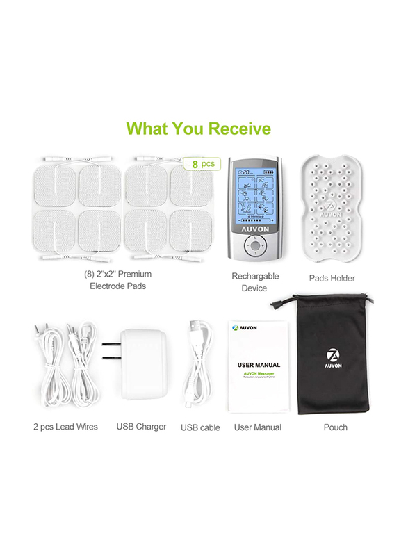 Auvon Rechargeable Tens Unit Muscle Stimulator, 3rd Gen 16 Modes TENS Machine with 2x 2" 8 Pieces Premium Electrode Pads for Pain Relief, Silver