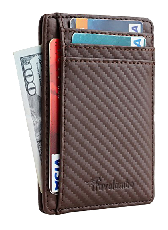 Travelambo Minimalist Slim Front Pocket Leather RFID Wallet for Men, Medium Size, Carbon Fiber Texture Coffee Brown