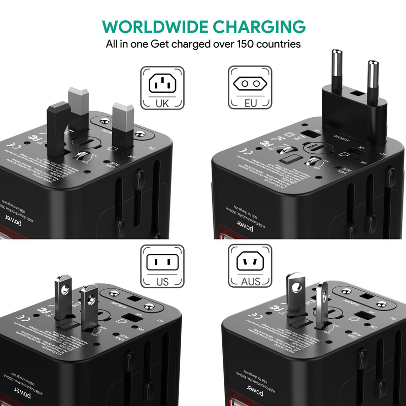 Joomfeen US/EU/AU/UK/EU Plug Wall Charger, 4 USB Charging Ports, Black