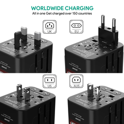 Joomfeen US/EU/AU/UK/EU Plug Wall Charger, 4 USB Charging Ports, Black