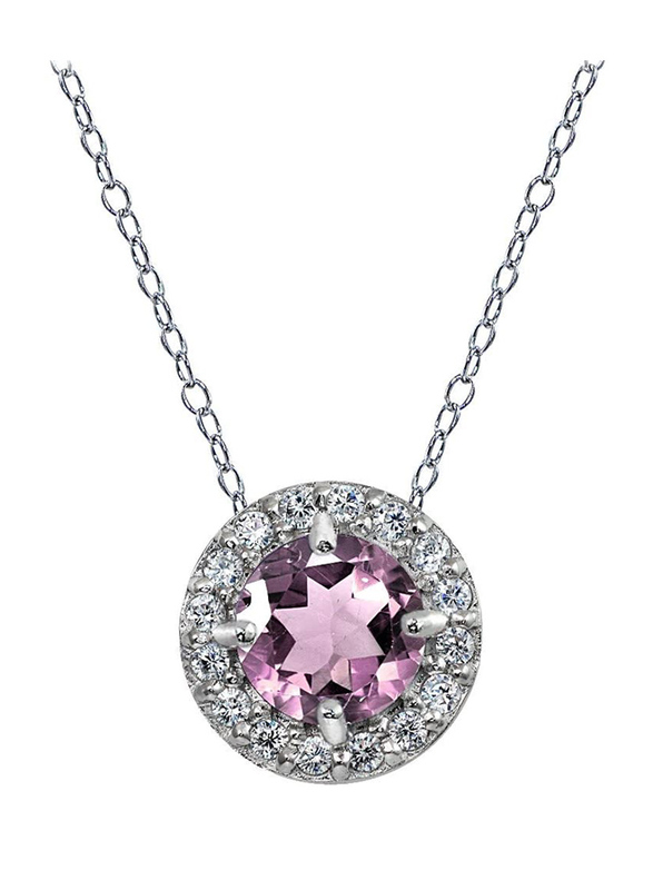 Ice Gems Sterling Silver Light Purple Cubic Zirconia and White Topaz Round Halo Pendant Necklace for Women, Silver