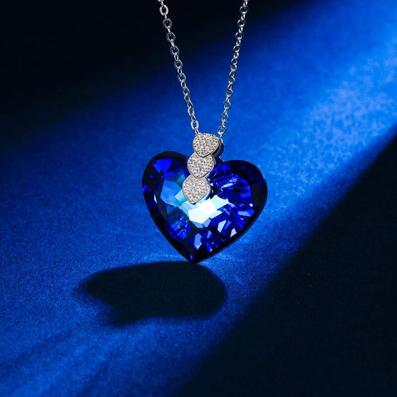 EleQueen 925 Sterling Silver CZ"Courageous Heart" Inspired Pendant Necklace Ocean Blue Made with Crystals