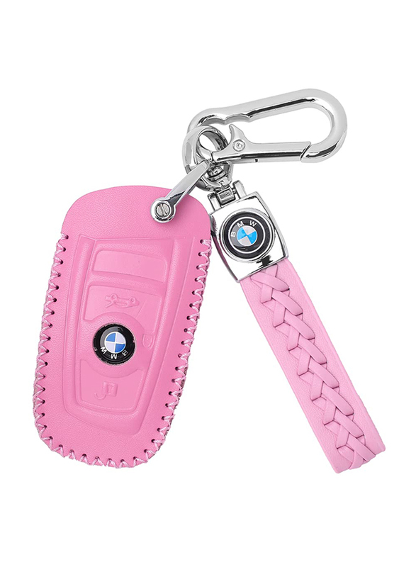Wafern BMW Key Case Cover Shell with Braided Key Chain, Genuine Leather, Small, Pink