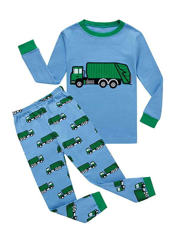 KikizYe Long Sleeve Garbage Truck Boys Pyjama/Sleepwear Set, 2 Pieces, One Size, Blue/Green