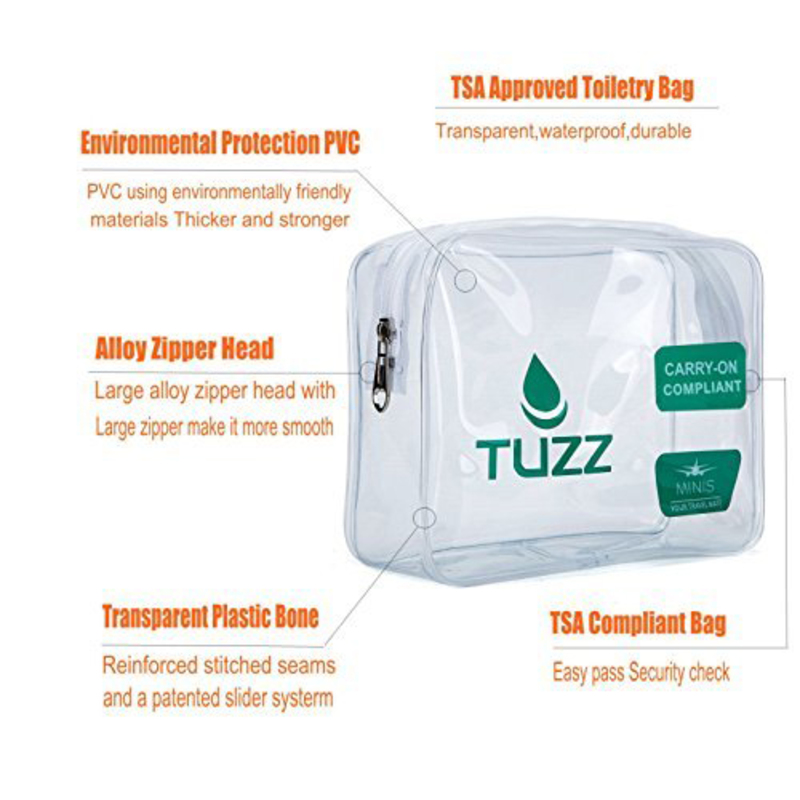 Tuzz Travel Toiletry Quart Bag with Zipper, Clear