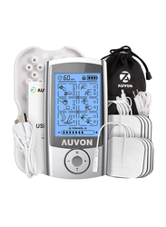 Auvon Rechargeable Tens Unit Muscle Stimulator, 3rd Gen 16 Modes TENS Machine with 2x 2" 8 Pieces Premium Electrode Pads for Pain Relief, Silver