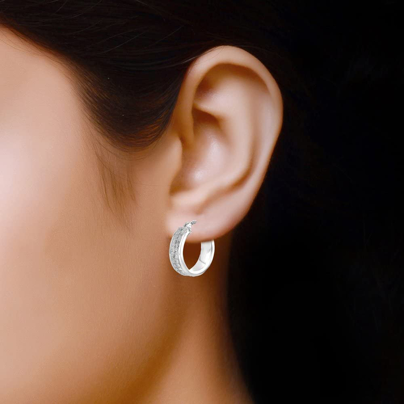 LeCalla Sterling Silver Jewelry Checker Glitter Tube Hoop Earrings for Teen Women