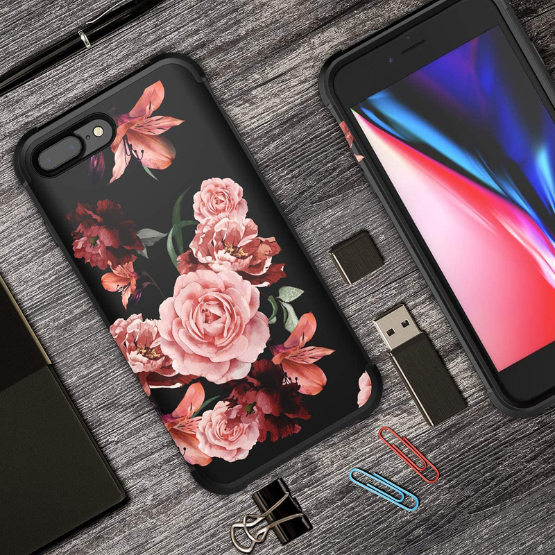 KapCase Apple iPhone 8 Plus/7 Plus Flower and Flower Design Slim Fit Dual Layer Protection TPU and Plastic Hybrid Mobile Phone Case Cover, Black