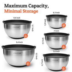 Priority Chef Premium Stainless Steel Mixing Bowls With Airtight Lids - Thick Metal Nesting Bowls for Kitchen, 1.5/2/3/4/5 Quart, Black