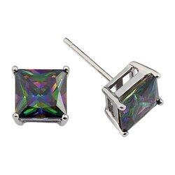 Princess Cut Rainbow Mystic Cz Stud Earrings on 925 Sterling Silver rhodium Plated (4x4mm)