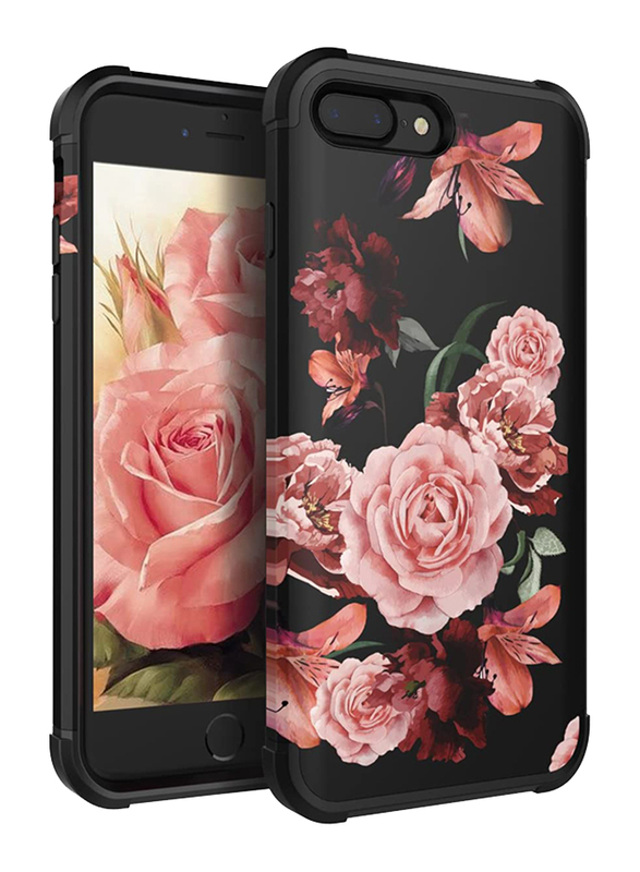 KapCase Apple iPhone 8 Plus/7 Plus Flower and Flower Design Slim Fit Dual Layer Protection TPU and Plastic Hybrid Mobile Phone Case Cover, Black