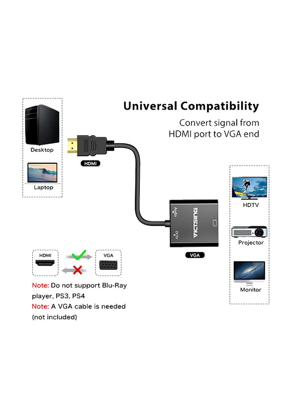 Victsing Gold-Plated 1080P VGA Audio Adaptor, HDMI Male to VGA Female with Micro USB and 3.5mm Audio Port Cable for PC/Laptop/DVD, Black