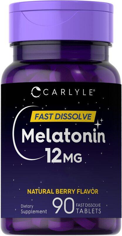 

Carlyle Melatonin 12 mg Fast Dissolve 90 Tablets. Natural Berry Flavor. Vegetarian, Non-GMO, Gluten Free
