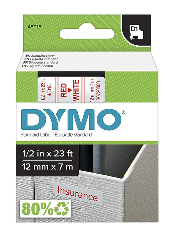 

Dymo D1 Red Print on White Labeling Tape Cassette, 12mm x 7m, 43610, Black