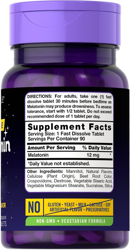 Carlyle Melatonin 12 mg Fast Dissolve 90 Tablets. Natural Berry Flavor. Vegetarian, Non-GMO, Gluten Free