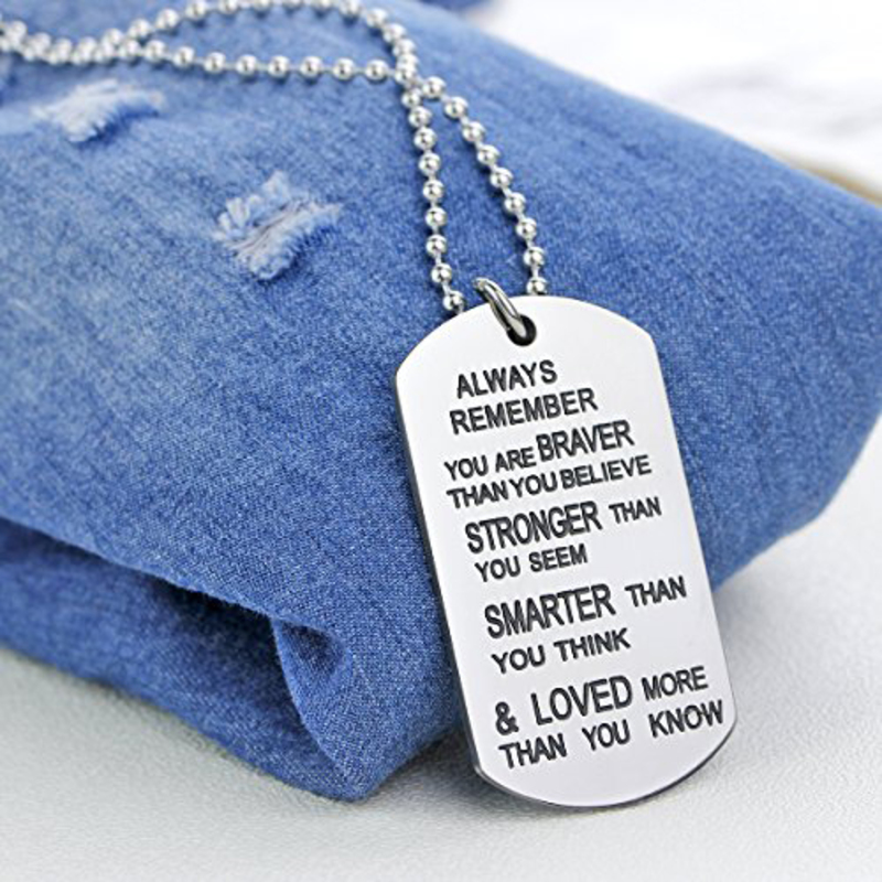 Zj Zhijia Jewelry Stainless Steel Pendant Necklace for Women with No Stone & Dog Tag Stamped with Always Remember You are Braver Than You Believe Message, Silver