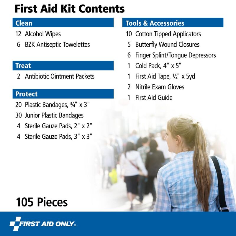 First Aid Only On-The-Go Emergency First Aid Kit for Home, Work, and Travel, 105 Pieces-Expiry-11/17/2024