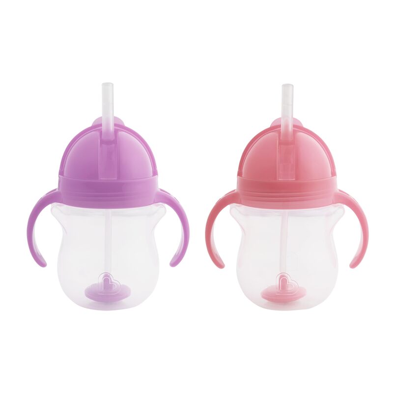 Munchkin Any Angle Weighted Straw Trainer Sippy Cup with Click Lock Spill Proof Lid 7 Ounce 2 Pack Pink/Purple