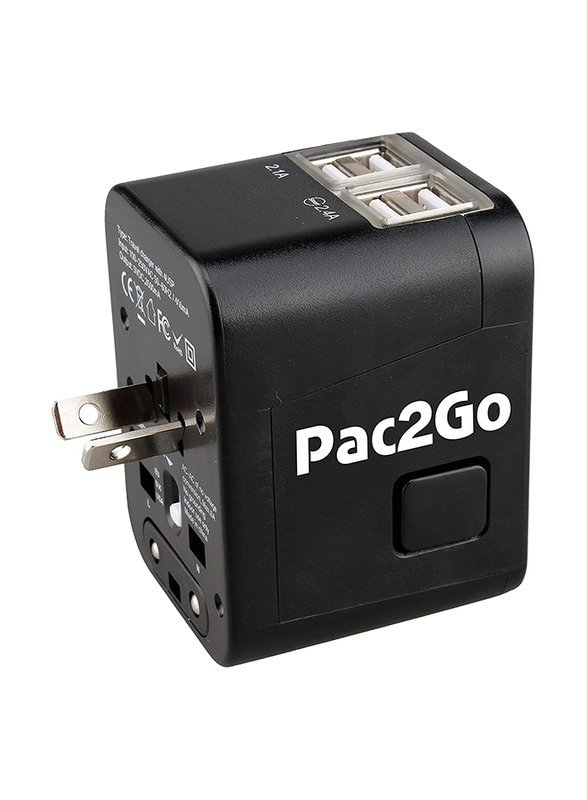 Pac2Go Universal Travel Adapter with Quad USB Charger, Black