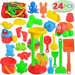 JOYIN 24 Pcs Beach Sand Toys Set includes Sand Water Wheel Sandbox Vehicle Sand Molds Bucket Sand Shovel Tool Kits Sand Toys for Toddlers Kids Outdoor Play (1 Bonus Mesh Bag Included)