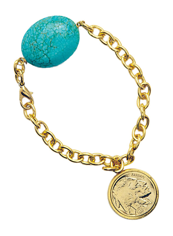 

American Coin Treasures 24K Gold Layered Buffalo Nickel Coin Western Charm Bracelet for Women, with Turquoise Stone, Gold/Blue