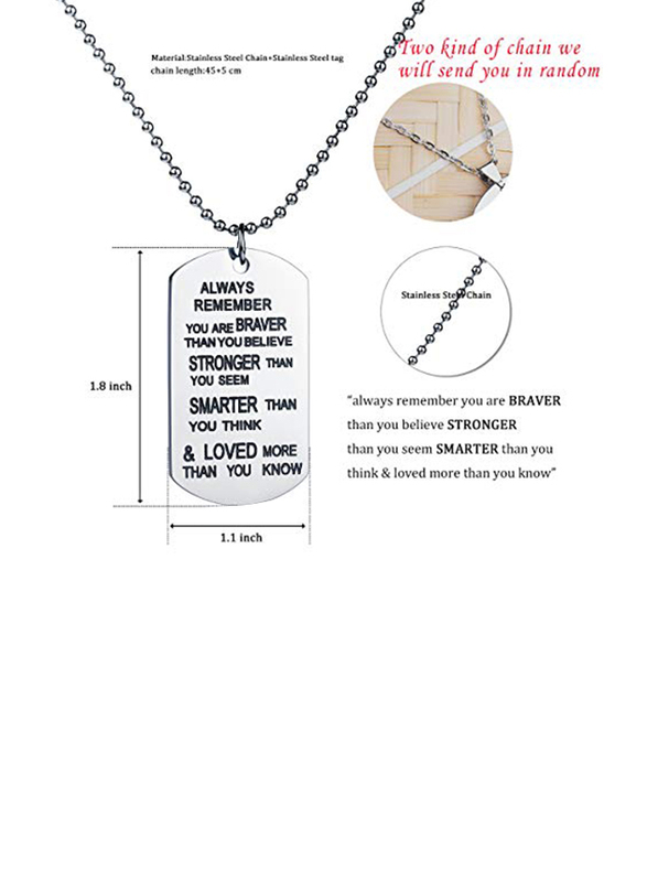 Zj Zhijia Jewelry Stainless Steel Pendant Necklace for Women with No Stone & Dog Tag Stamped with Always Remember You are Braver Than You Believe Message, Silver