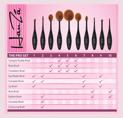 HanZa Professional Oval Makeup Brush Set, 10 Pieces, Black