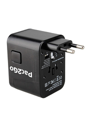 Pac2Go Universal Travel Adapter with Quad USB Charger, Black