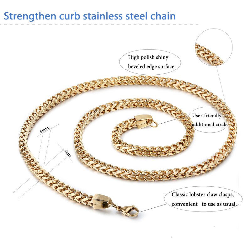 FIBO STEEL 6mm Curb Chain Necklace for Men Stainless Steel Biker Punk Style 24.0 inches Gold