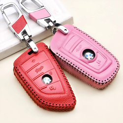 Wafern BMW Key Case Cover Shell with Braided Key Chain, Genuine Leather, Small, Pink