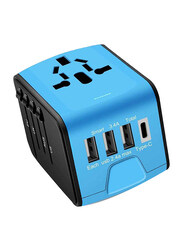 Mc Whlzd UK/US/AU International Plug Travel Adapter, 3.4A Smart High Speed, USB Type C, 4 USB Ports, Blue