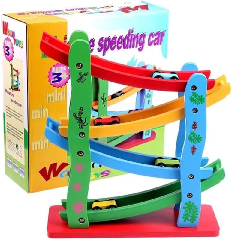 Wooden Car Race Track Ramp Toy for 3+ Year Old Toddler Motor Skills Race Track Wooden Toy with 4 Cars and stable Base Great Montessori Toys Gift for Toddlers.