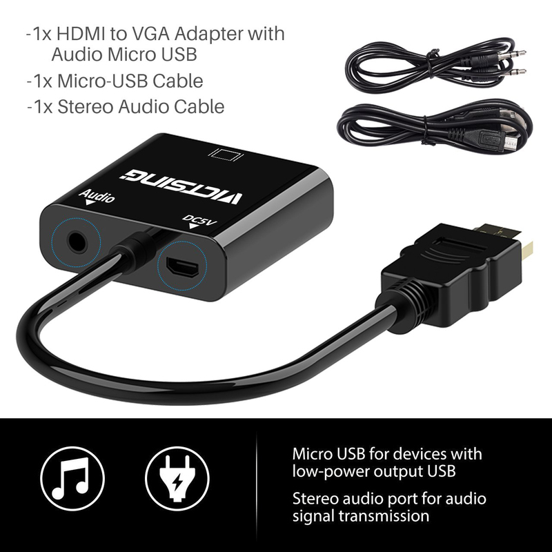 Victsing Gold-Plated 1080P VGA Audio Adaptor, HDMI Male to VGA Female with Micro USB and 3.5mm Audio Port Cable for PC/Laptop/DVD, Black