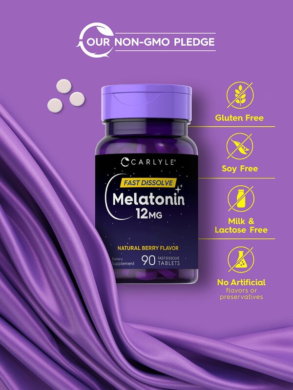 Carlyle Melatonin 12 mg Fast Dissolve 90 Tablets. Natural Berry Flavor. Vegetarian, Non-GMO, Gluten Free