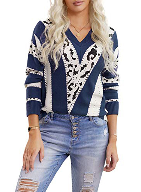 Happy Sailed Colorblock Striped V-Neck Long Sleeve Knitted Sweater Jumper for Women, Small, Blue