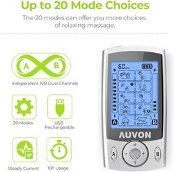 AUVON Dual Channel TENS Unit Muscle Stimulator Machine with 20 Modes, 2 Inch and 2 Inch x 4 Inch TENS Unit Electrode Pads (Slightly Damage)