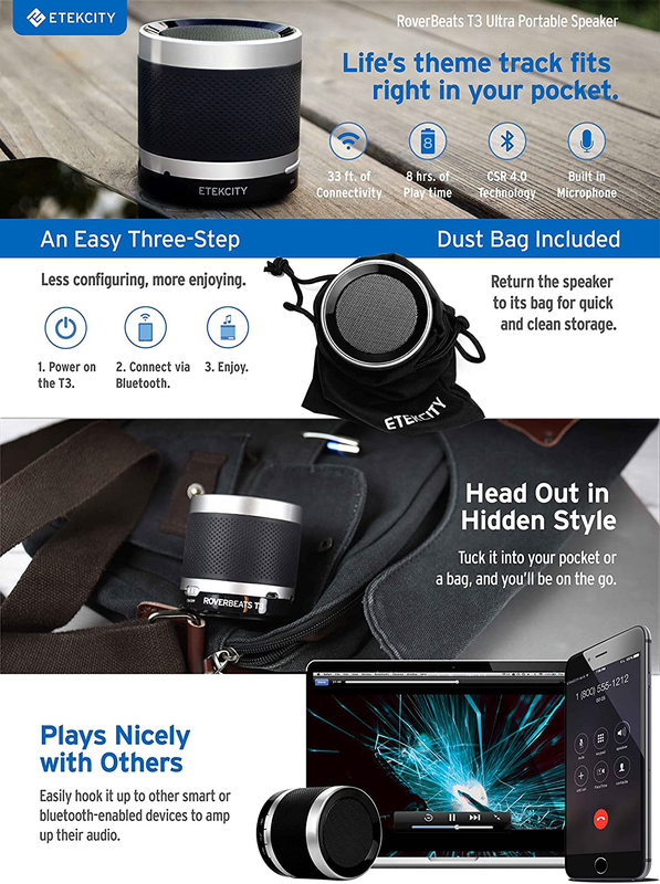 Etekcity RoverBeats T3 Ultra Portable Bluetooth Speaker, Black/Silver