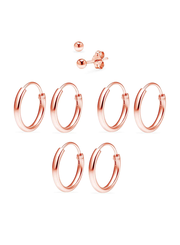 Silverline Jewelry 4 Piece Sterling Silver Endless Hoop and Stud Unisex Earring Set, Rose Gold