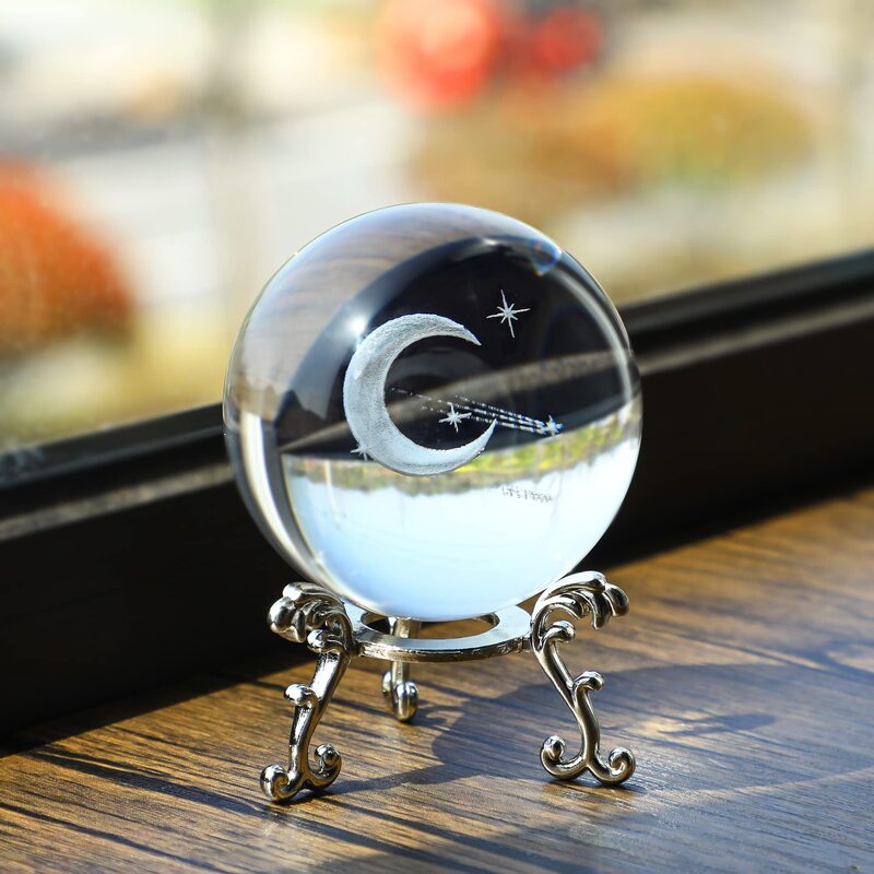 HDCRYSTALGIFTS 60mm (2.3 Inch) 3D Laser Engraved Half Moon & Meteor Crystal Glass Ball with Metal Stand Full Sphere Home Decoration Paperweight