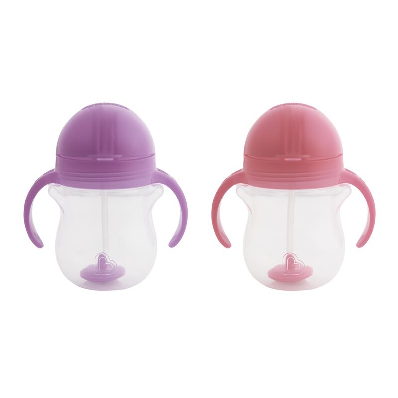 Munchkin Any Angle Weighted Straw Trainer Sippy Cup with Click Lock Spill Proof Lid 7 Ounce 2 Pack Pink/Purple