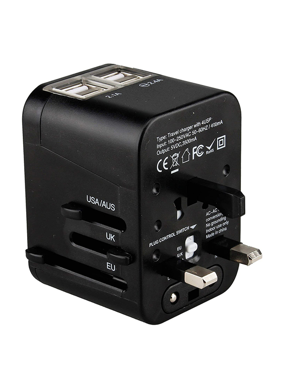 Pac2Go Universal Travel Adapter with Quad USB Charger, Black