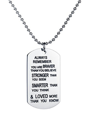 Zj Zhijia Jewelry Stainless Steel Pendant Necklace for Women with No Stone & Dog Tag Stamped with Always Remember You are Braver Than You Believe Message, Silver