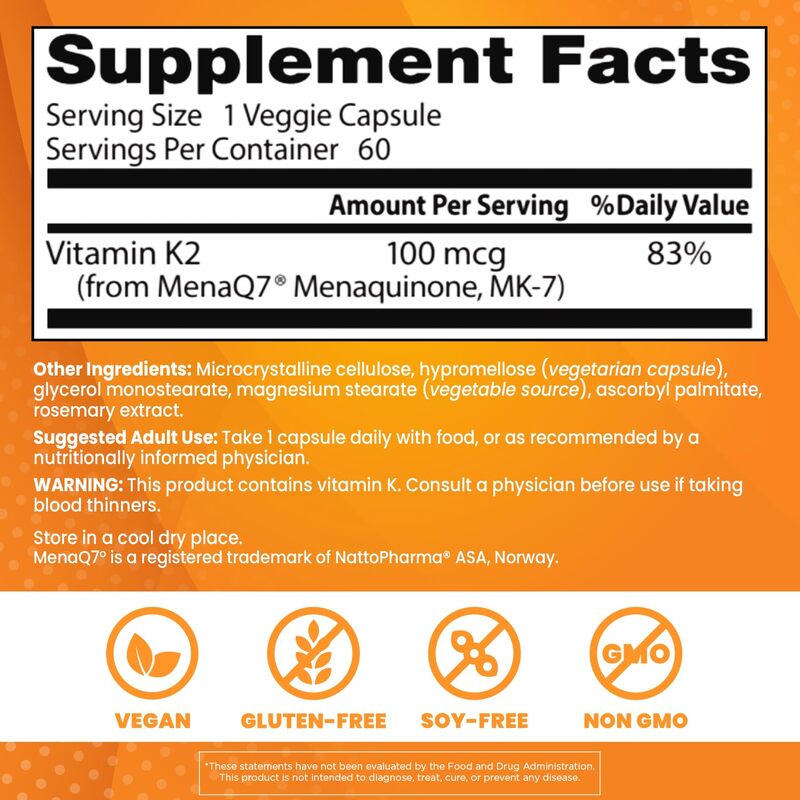 Doctor's Best Natural Vitamin K2 Mk-7 with MenaQ7, 100mcg Vitamin K2 Supplement Supports Bone Health, Non-GMO, 60 Veggie Capsules