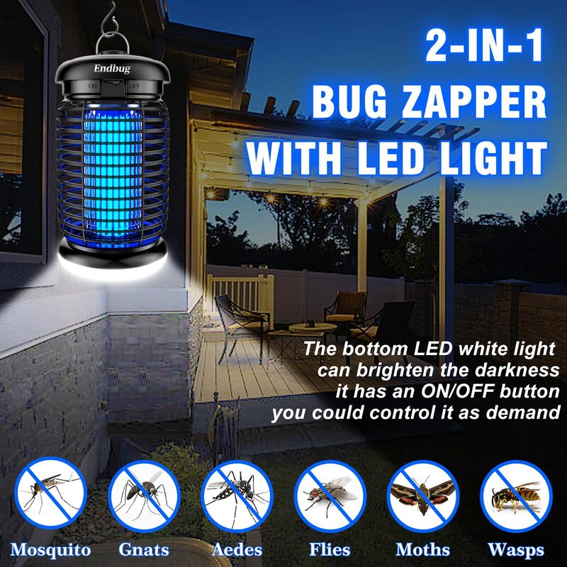 Bug Zapper Outdoor Indoor with LED Light, Electric Mosquito Zapper Fly Zapper, Waterproof Mosquito Killer Insect Zapper Fly Trap for Outside Patio Garden Backyard Home, Plug in 120 Voltage