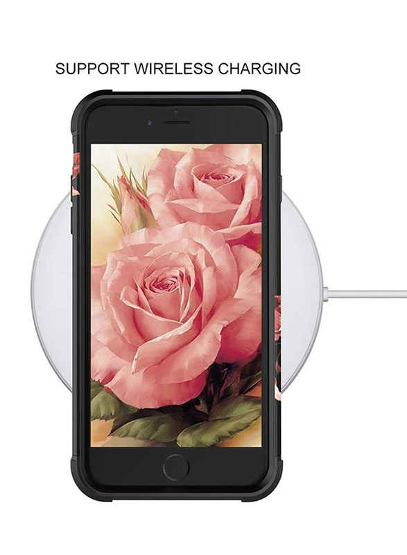 كاب كيس حافظة هاتف محمول من البلاستيك الهجين مصنوع من مادة البولي يوريثين الحراري وتصميم الأزهار بتصميم نحيف مناسب لهواتف آيفون 8 بلس / 7 بلس، أسود