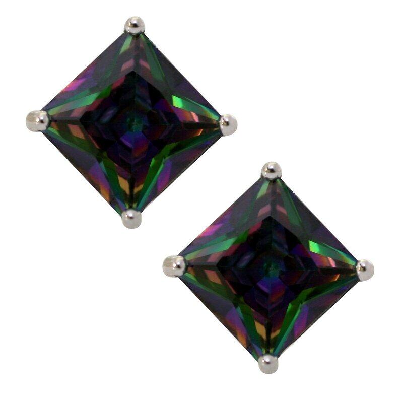 Princess Cut Rainbow Mystic Cz Stud Earrings on 925 Sterling Silver rhodium Plated (4x4mm)