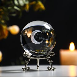 HDCRYSTALGIFTS 60mm (2.3 Inch) 3D Laser Engraved Half Moon & Meteor Crystal Glass Ball with Metal Stand Full Sphere Home Decoration Paperweight