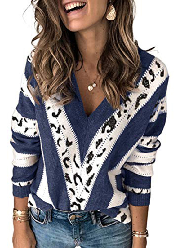 Happy Sailed Colorblock Striped V-Neck Long Sleeve Knitted Sweater Jumper for Women, Small, Blue