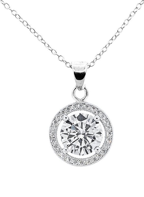 Cate & Chloe Blake True 18K White Gold Plated Halo Pendant Necklace for Women, with Cubic Zirconia Solitaire Stone, Silver